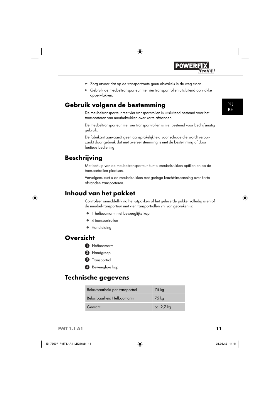 Gebruik volgens de bestemming, Beschrijving, Inhoud van het pakket | Overzicht, Technische gegevens, Nl be | Powerfix PMT 1.1 A1 User Manual | Page 14 / 36