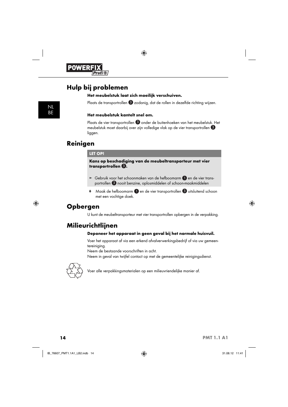 Hulp bij problemen, Reinigen, Opbergen | Milieurichtlijnen, Nl be | Powerfix PMT 1.1 A1 User Manual | Page 17 / 36