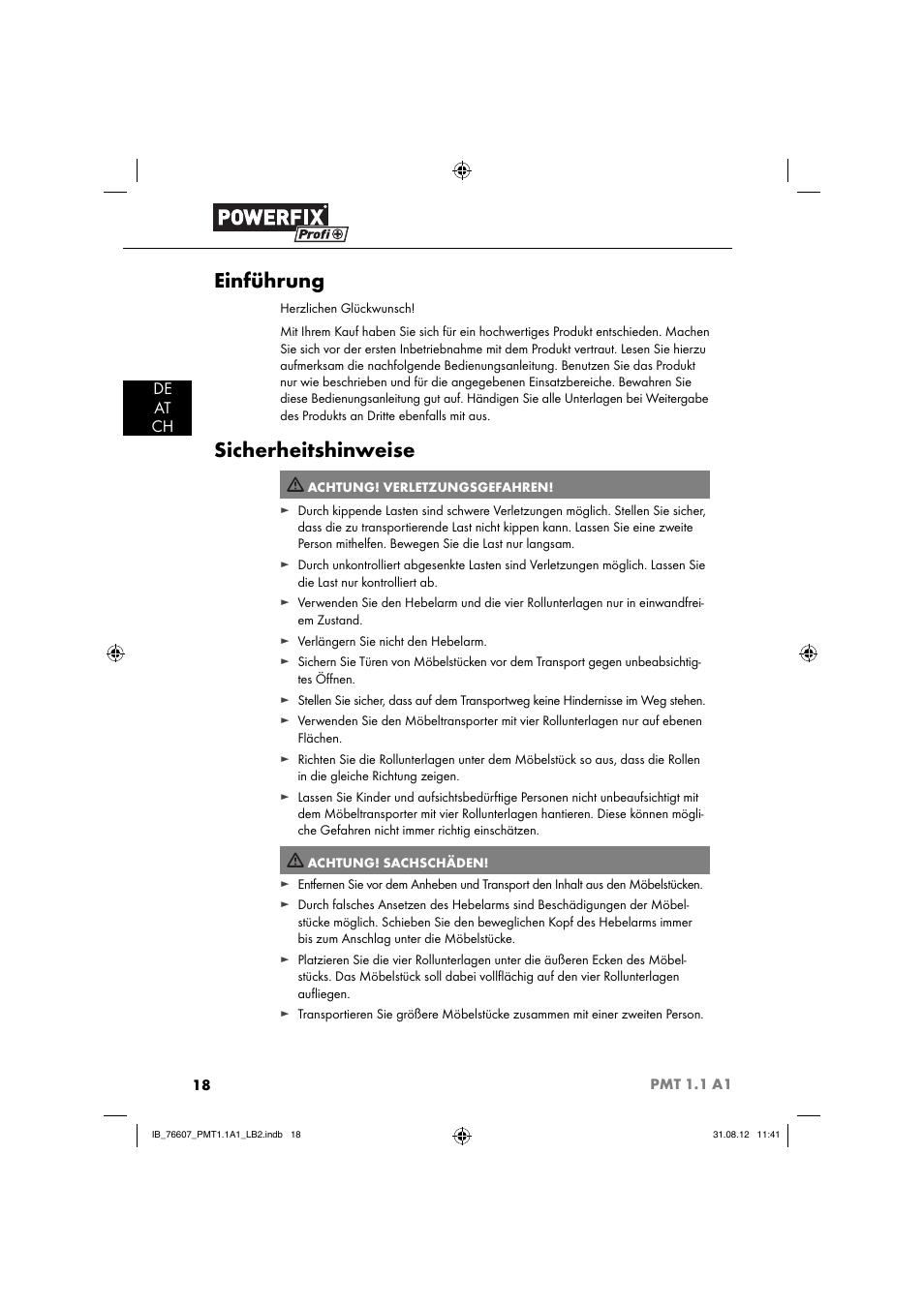 Einführung, Sicherheitshinweise, De at ch | Powerfix PMT 1.1 A1 User Manual | Page 21 / 36