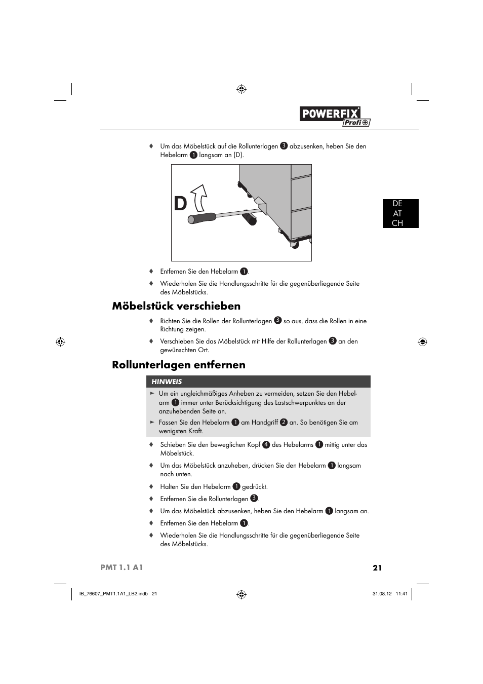 Möbelstück verschieben, Rollunterlagen entfernen, De at ch | Powerfix PMT 1.1 A1 User Manual | Page 24 / 36