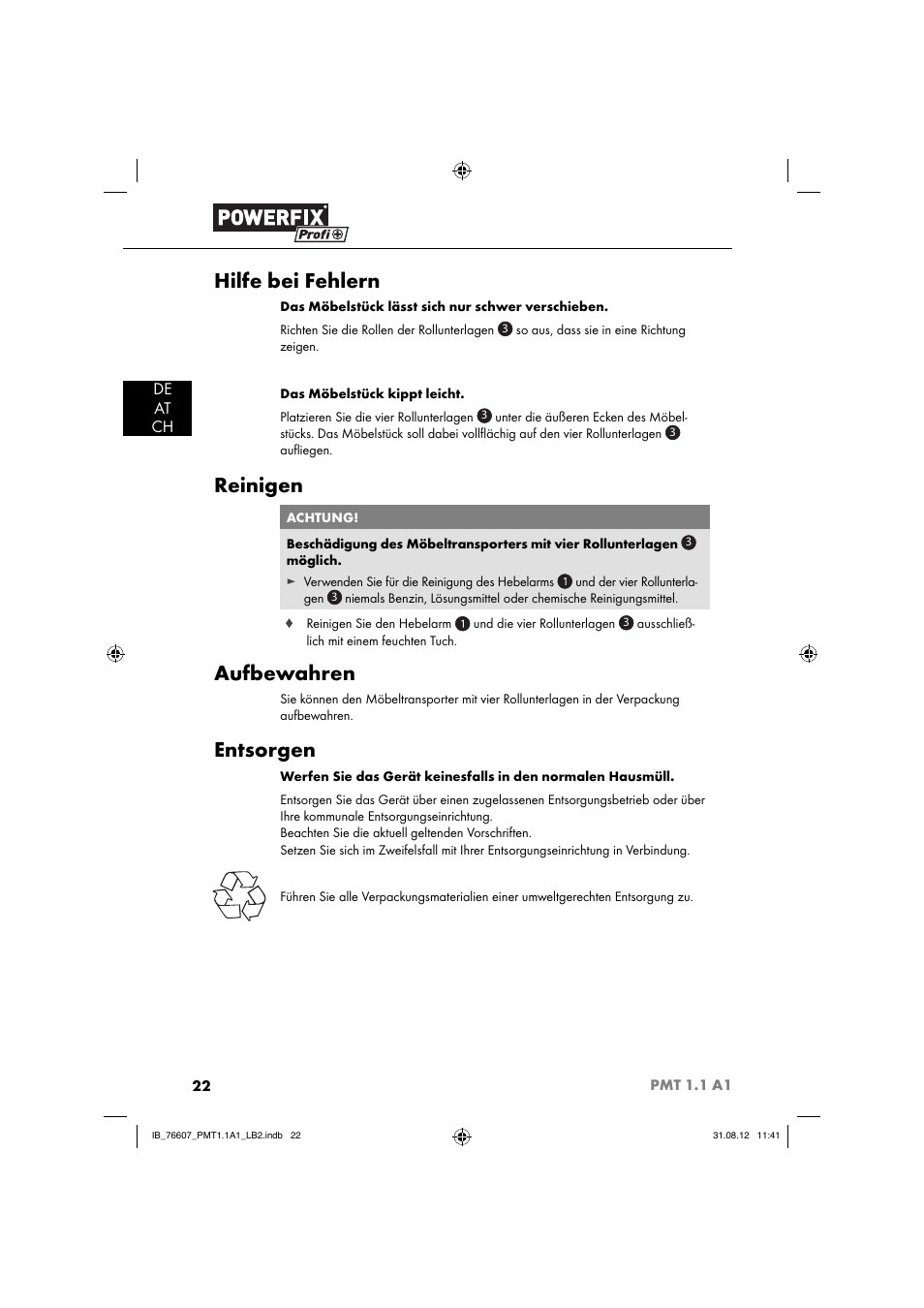 Hilfe bei fehlern, Reinigen, Aufbewahren | Entsorgen, De at ch | Powerfix PMT 1.1 A1 User Manual | Page 25 / 36