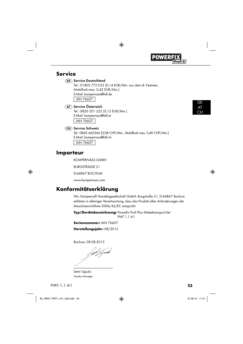 Service, Importeur, Konformitätserklärung | De at ch | Powerfix PMT 1.1 A1 User Manual | Page 26 / 36