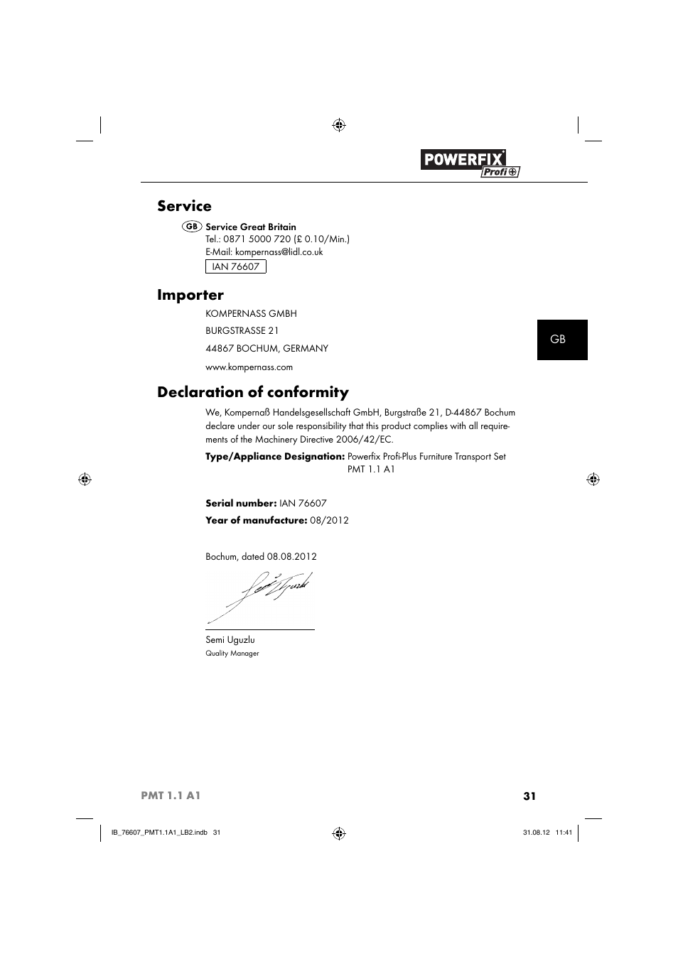 Service, Importer, Declaration of conformity | Powerfix PMT 1.1 A1 User Manual | Page 34 / 36