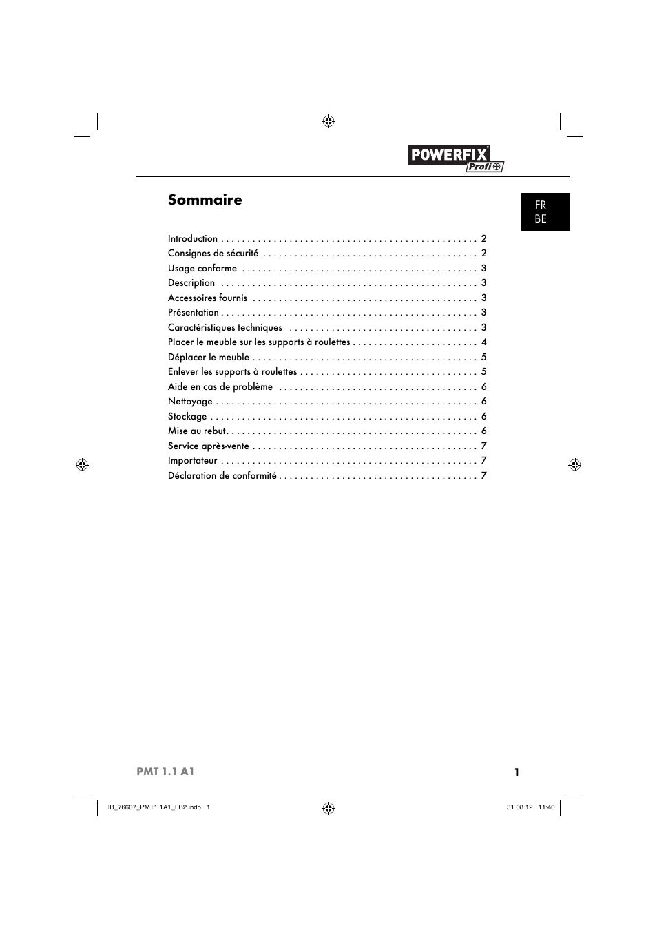 Sommaire, Fr be | Powerfix PMT 1.1 A1 User Manual | Page 4 / 36