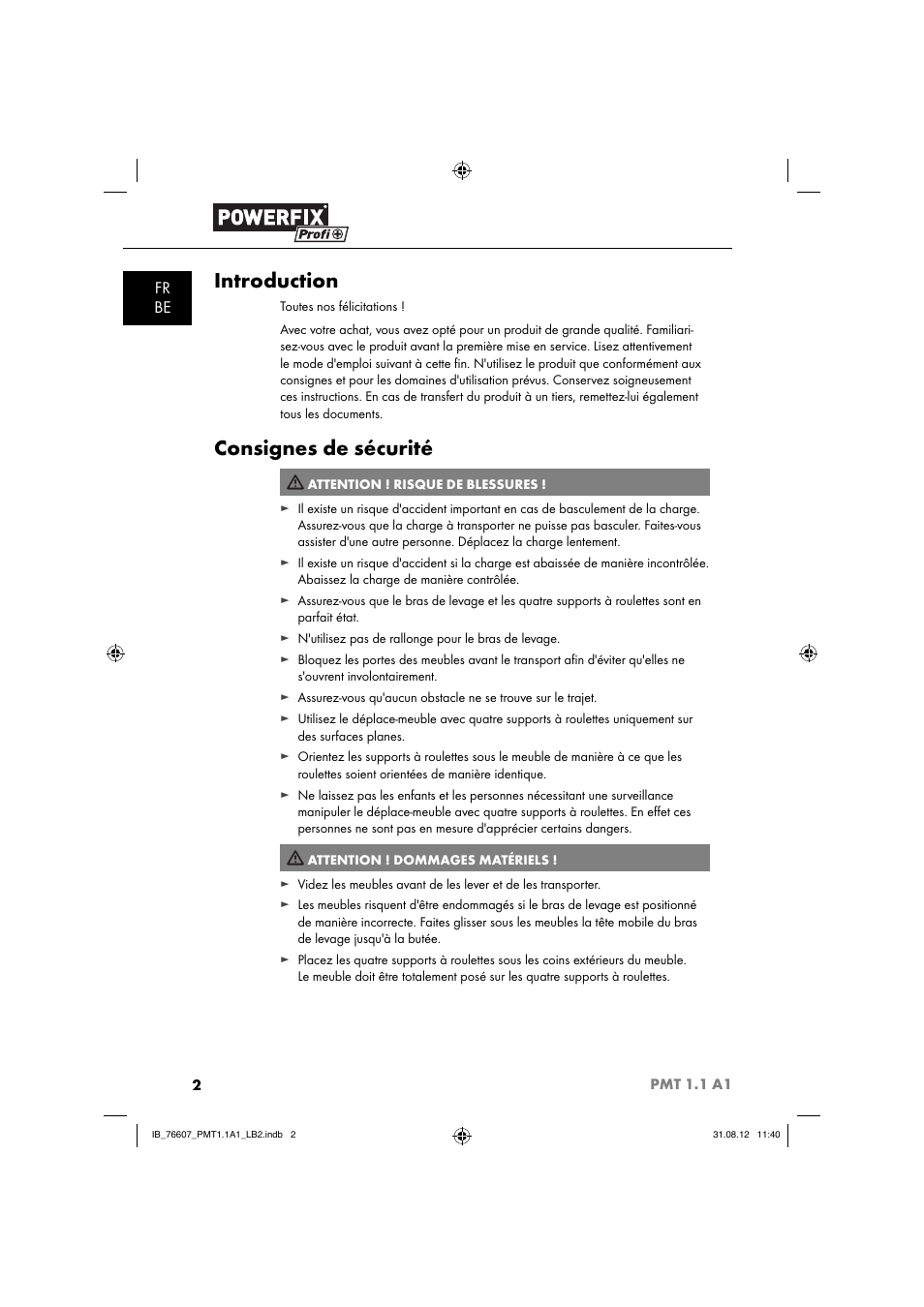 Introduction, Consignes de sécurité, Fr be | Powerfix PMT 1.1 A1 User Manual | Page 5 / 36