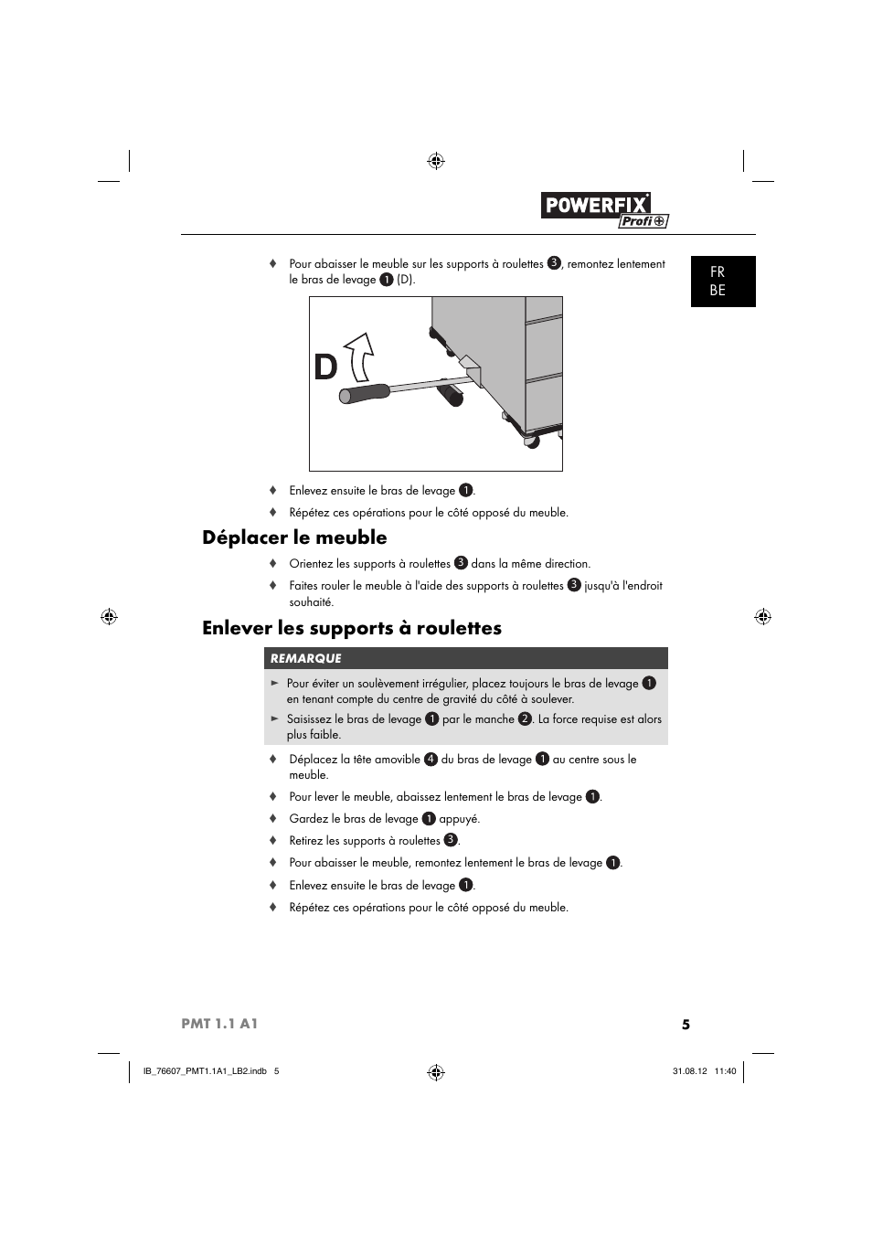 Déplacer le meuble, Enlever les supports à roulettes, Fr be | Powerfix PMT 1.1 A1 User Manual | Page 8 / 36