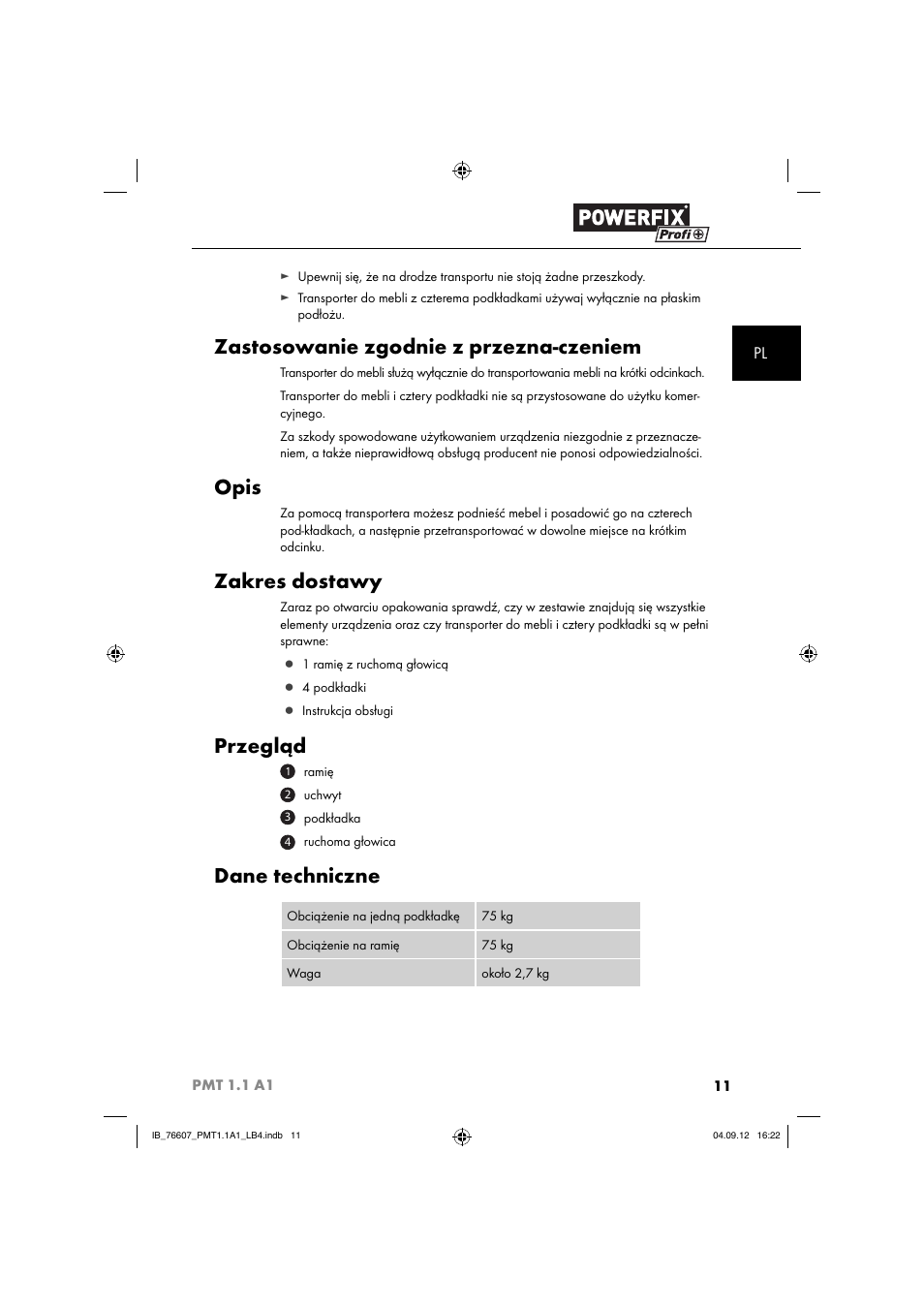Zastosowanie zgodnie z przezna-czeniem, Opis, Zakres dostawy | Przegląd, Dane techniczne | Powerfix PMT 1.1 A1 User Manual | Page 14 / 60