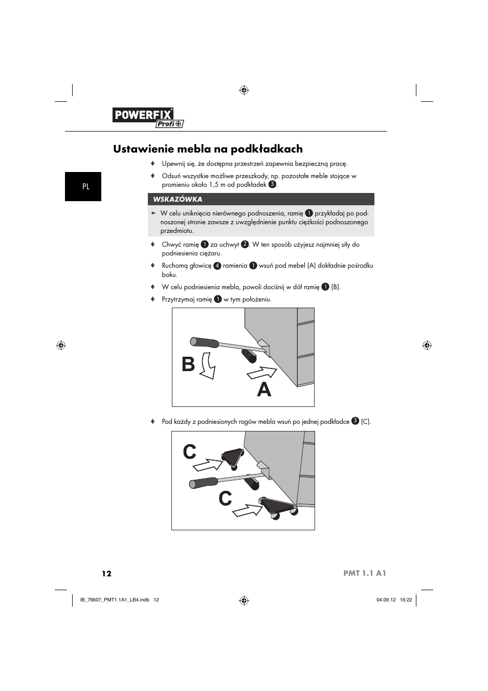 Ustawienie mebla na podkładkach | Powerfix PMT 1.1 A1 User Manual | Page 15 / 60