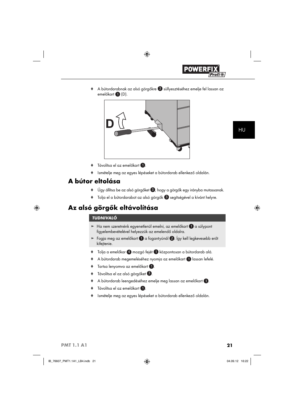 A bútor eltolása, Az alsó görgők eltávolítása | Powerfix PMT 1.1 A1 User Manual | Page 24 / 60