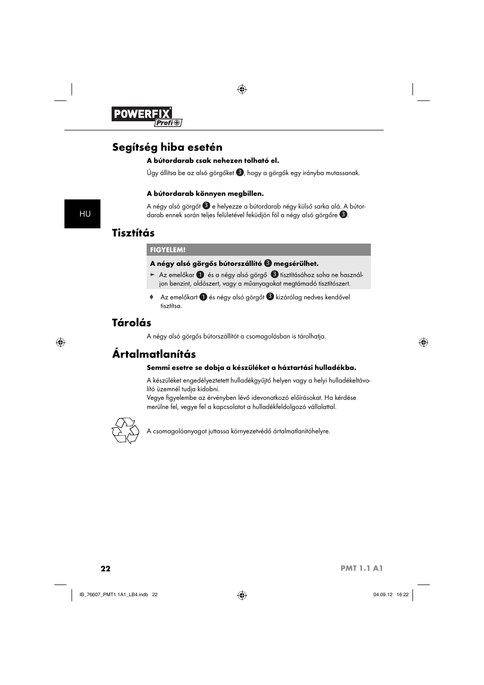 Segítség hiba esetén, Tisztítás, Tárolás | Ártalmatlanítás | Powerfix PMT 1.1 A1 User Manual | Page 25 / 60