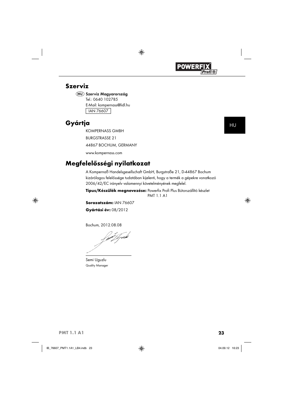 Szerviz, Gyártja, Megfelelősségi nyilatkozat | Powerfix PMT 1.1 A1 User Manual | Page 26 / 60