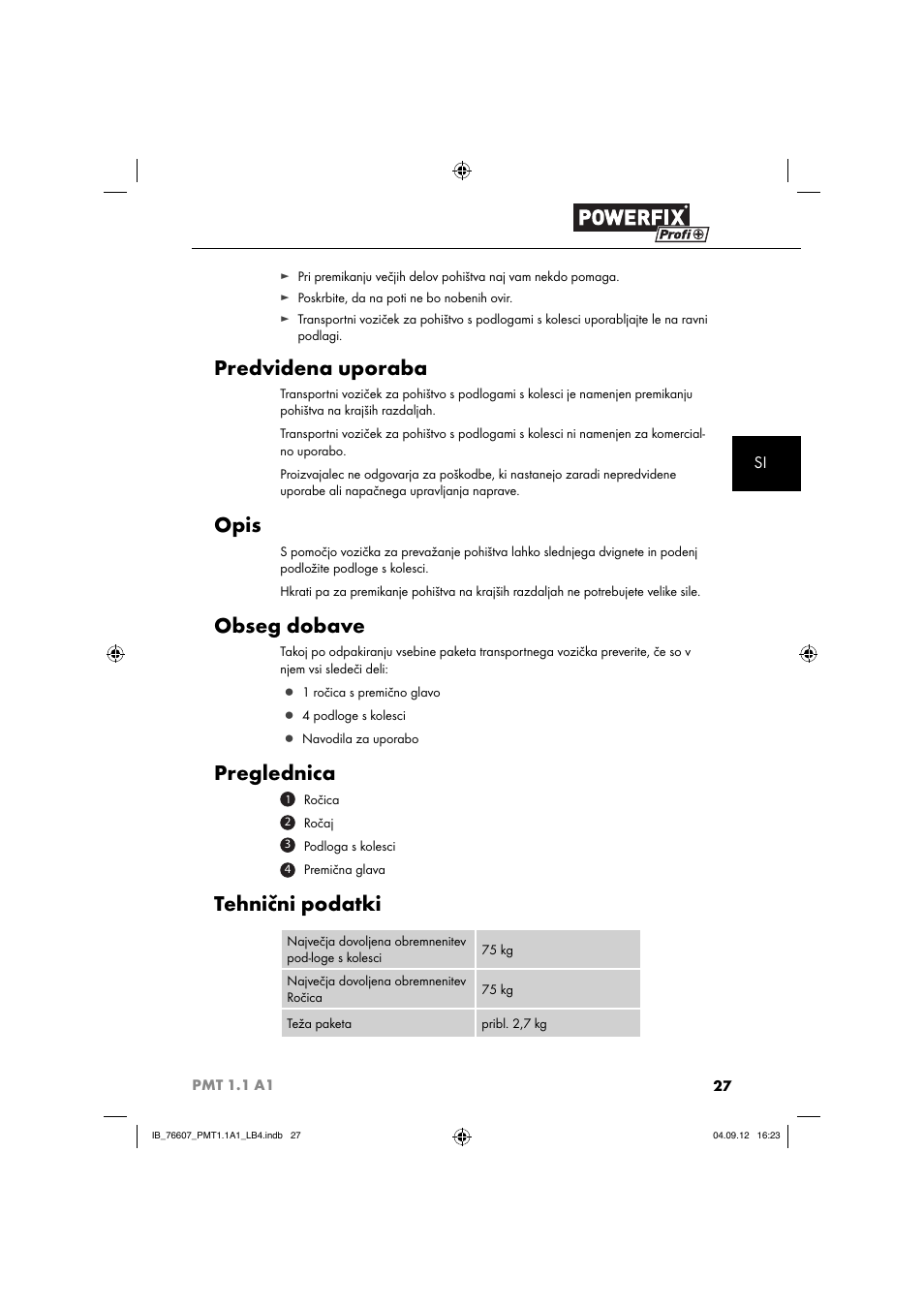 Predvidena uporaba, Opis, Obseg dobave | Preglednica, Tehnični podatki | Powerfix PMT 1.1 A1 User Manual | Page 30 / 60