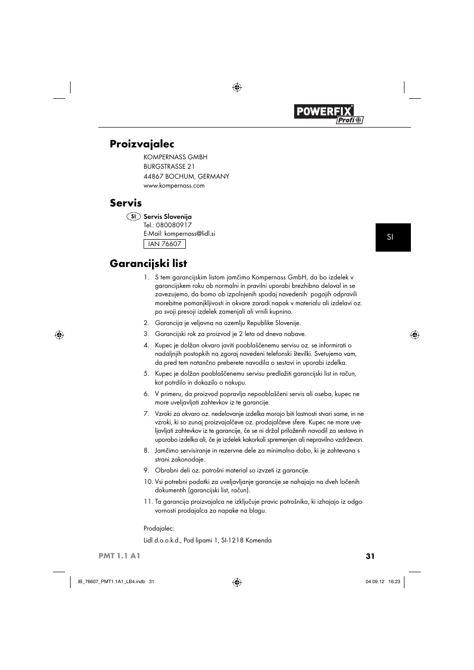 Proizvajalec, Servis, Garancijski list | Powerfix PMT 1.1 A1 User Manual | Page 34 / 60