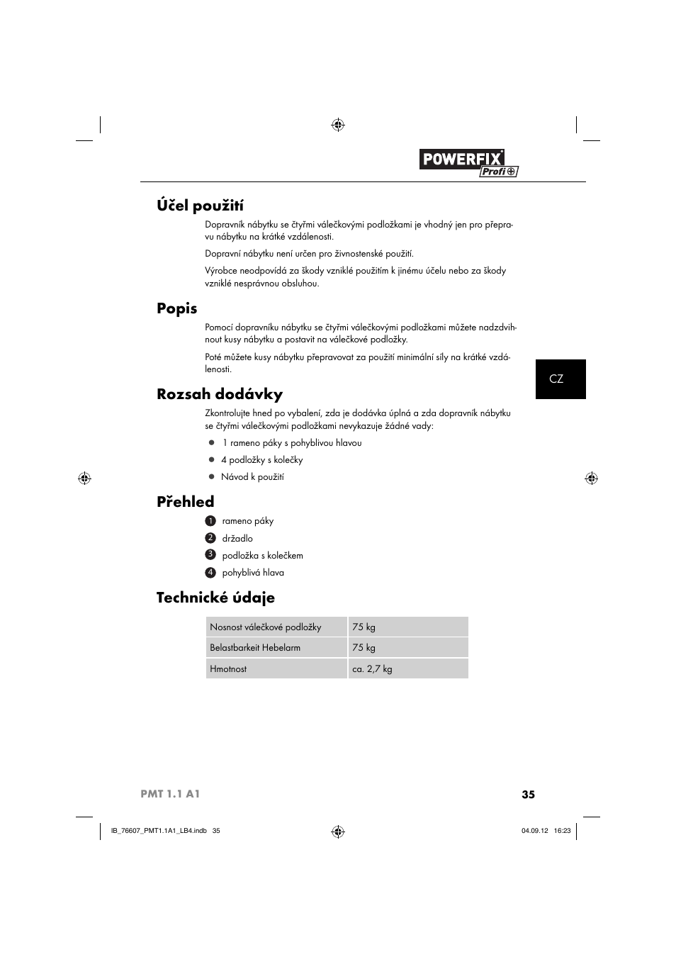 Účel použití, Popis, Rozsah dodávky | Přehled, Technické údaje | Powerfix PMT 1.1 A1 User Manual | Page 38 / 60
