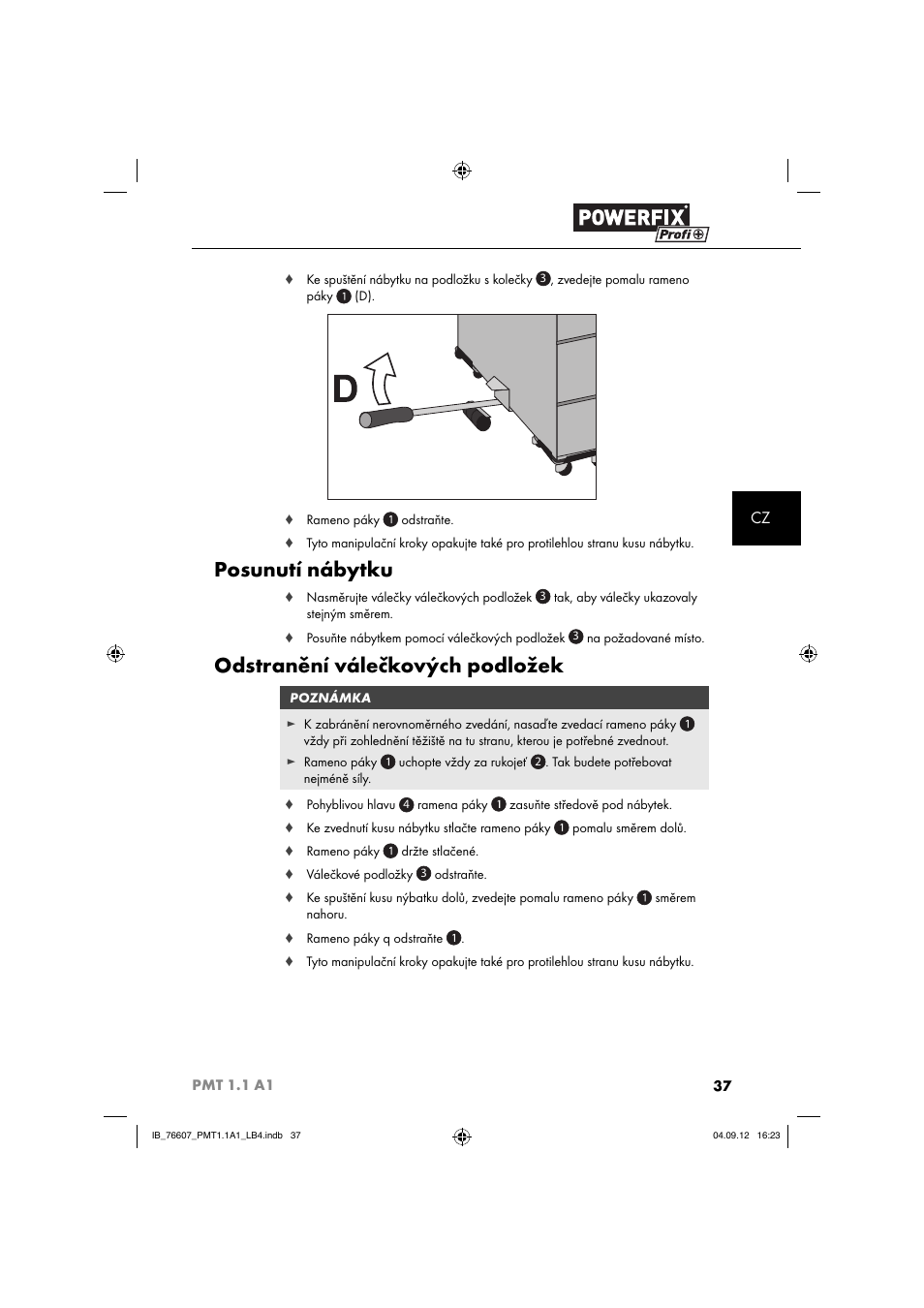 Posunutí nábytku, Odstranění válečkových podložek | Powerfix PMT 1.1 A1 User Manual | Page 40 / 60