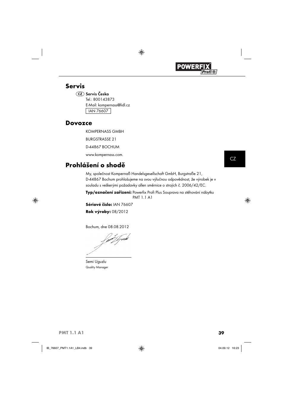 Servis, Dovozce, Prohlášení o shodě | Powerfix PMT 1.1 A1 User Manual | Page 42 / 60