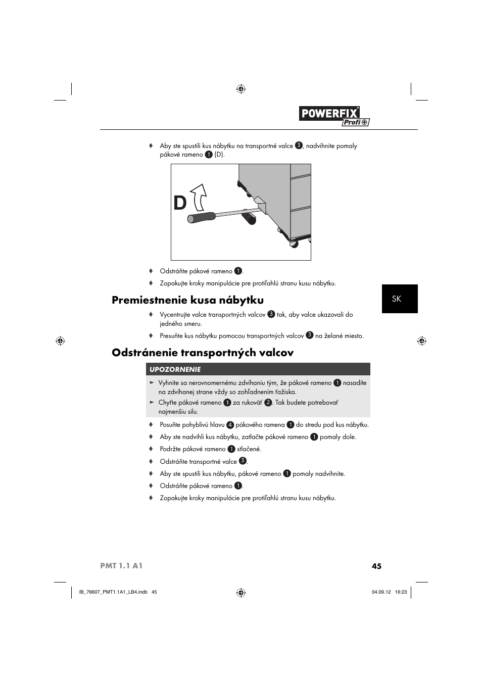 Premiestnenie kusa nábytku, Odstránenie transportných valcov | Powerfix PMT 1.1 A1 User Manual | Page 48 / 60