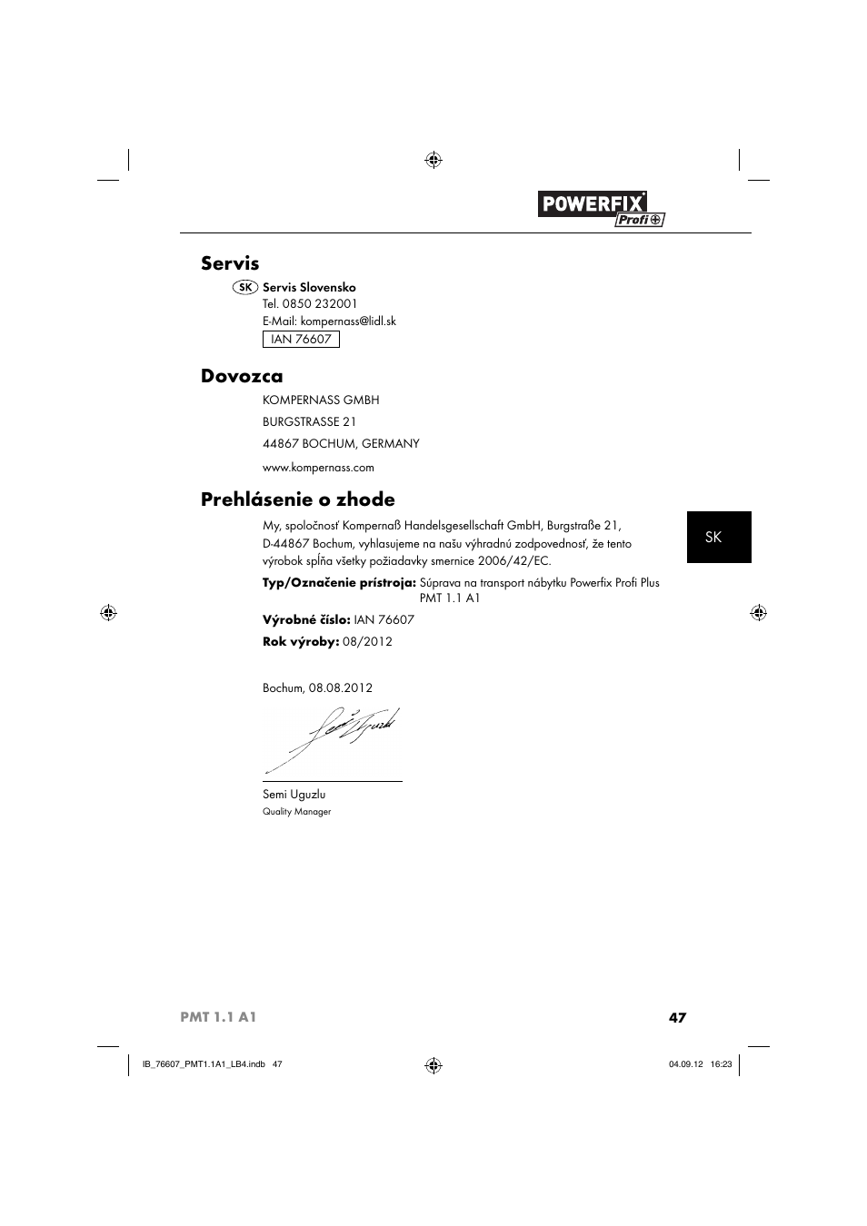 Servis, Dovozca, Prehlásenie o zhode | Powerfix PMT 1.1 A1 User Manual | Page 50 / 60