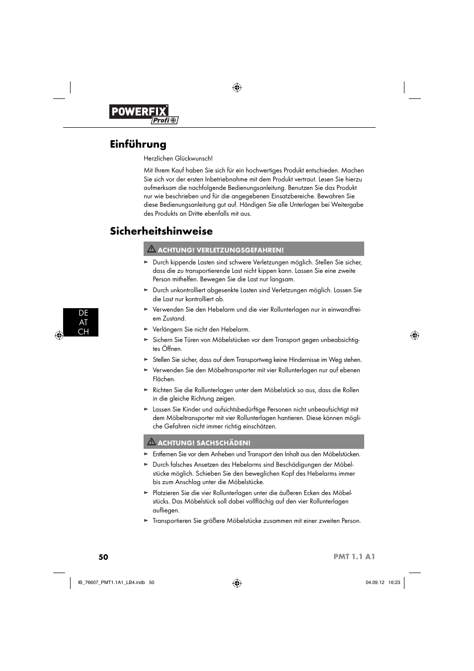 Einführung, Sicherheitshinweise, De at ch | Powerfix PMT 1.1 A1 User Manual | Page 53 / 60