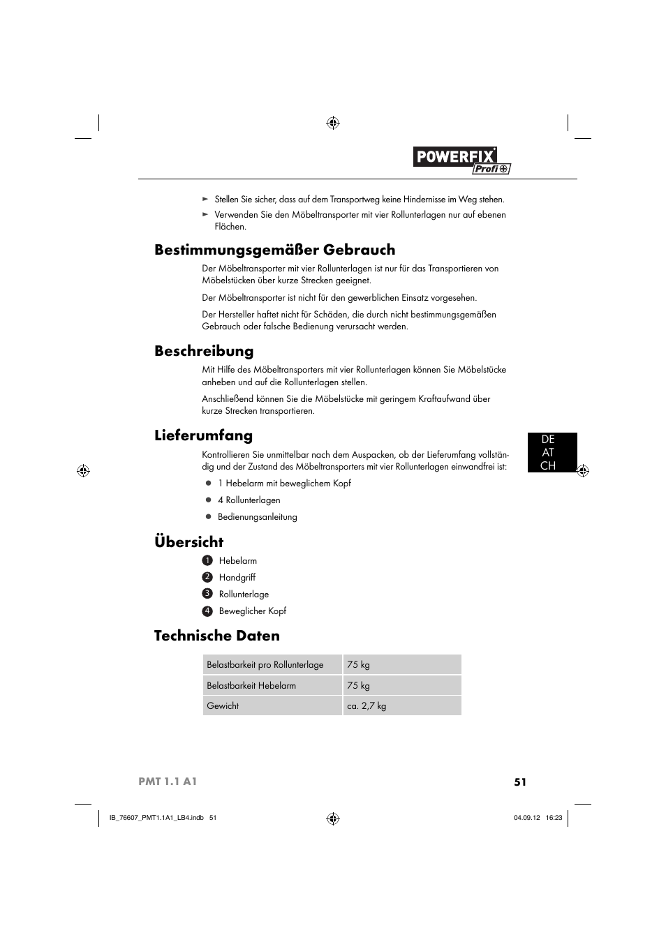 Bestimmungsgemäßer gebrauch, Beschreibung, Lieferumfang | Übersicht, Technische daten, De at ch | Powerfix PMT 1.1 A1 User Manual | Page 54 / 60