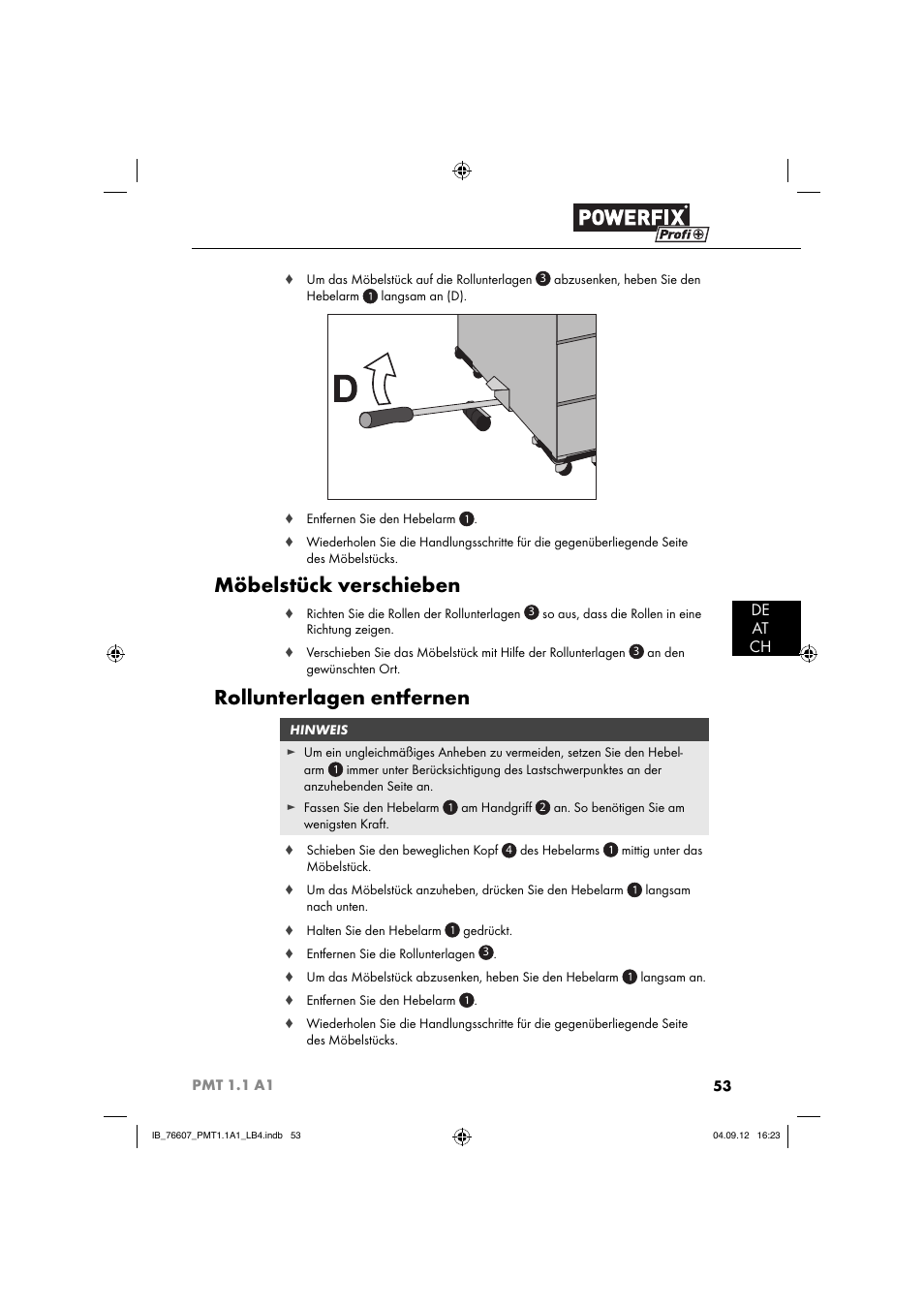 Möbelstück verschieben, Rollunterlagen entfernen, De at ch | Powerfix PMT 1.1 A1 User Manual | Page 56 / 60