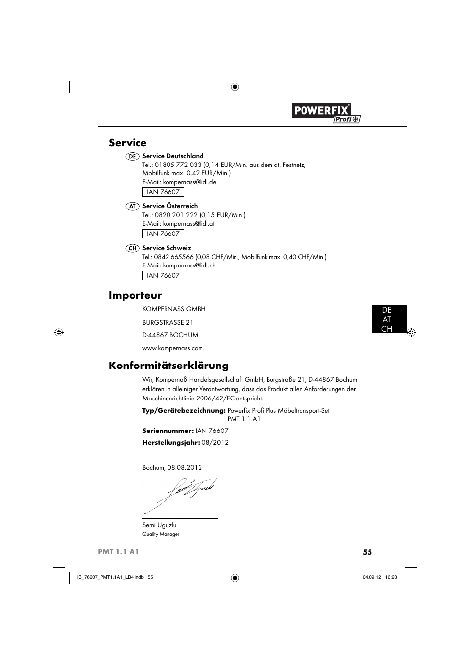 Service, Importeur, Konformitätserklärung | De at ch | Powerfix PMT 1.1 A1 User Manual | Page 58 / 60