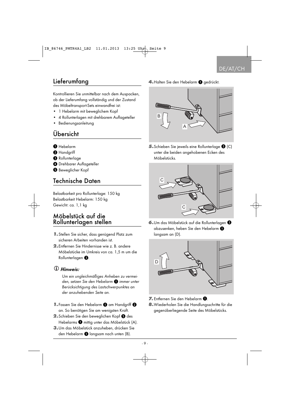 Lieferumfang, Übersicht, Technische daten | Möbelstück auf die rollunterlagen stellen, De/at/ch | Powerfix PMTR 4 A1 User Manual | Page 12 / 22