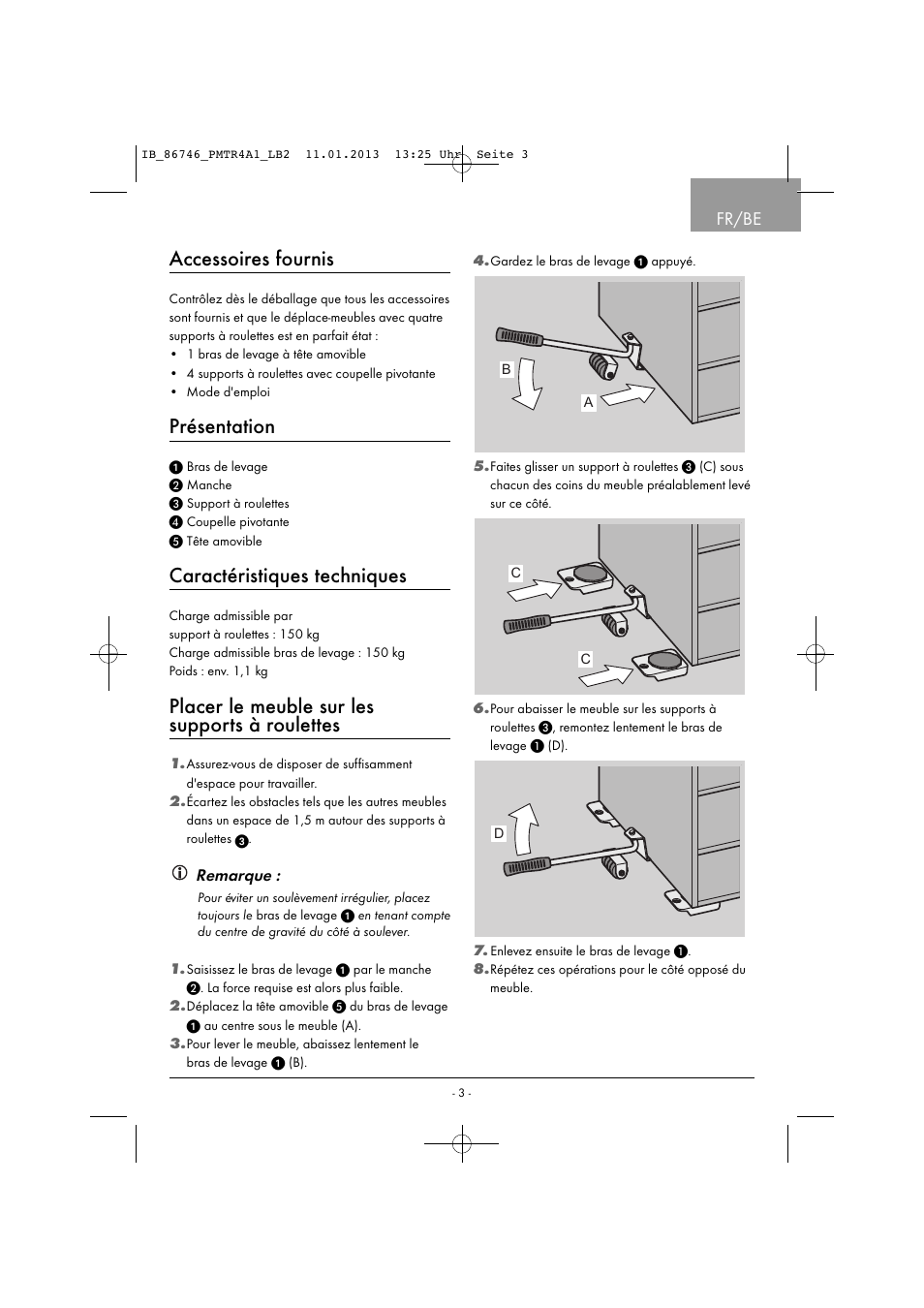 Accessoires fournis, Présentation, Caractéristiques techniques | Placer le meuble sur les supports à roulettes, Fr/be | Powerfix PMTR 4 A1 User Manual | Page 6 / 22