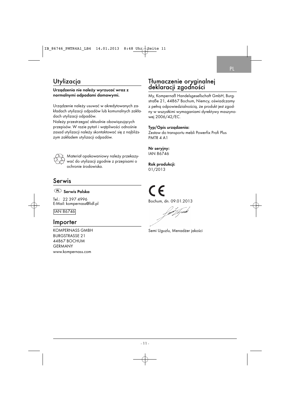 Utylizacja, Serwis, Importer | Tłumaczenie oryginalnej deklaracji zgodności | Powerfix PMTR 4 A1 User Manual | Page 14 / 40