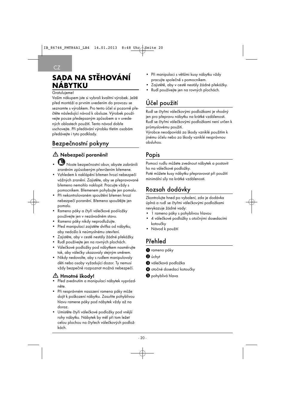 Sada na stěhování nábytku, Bezpečnostní pokyny, Účel použití | Popis, Rozsah dodávky, Přehled | Powerfix PMTR 4 A1 User Manual | Page 23 / 40