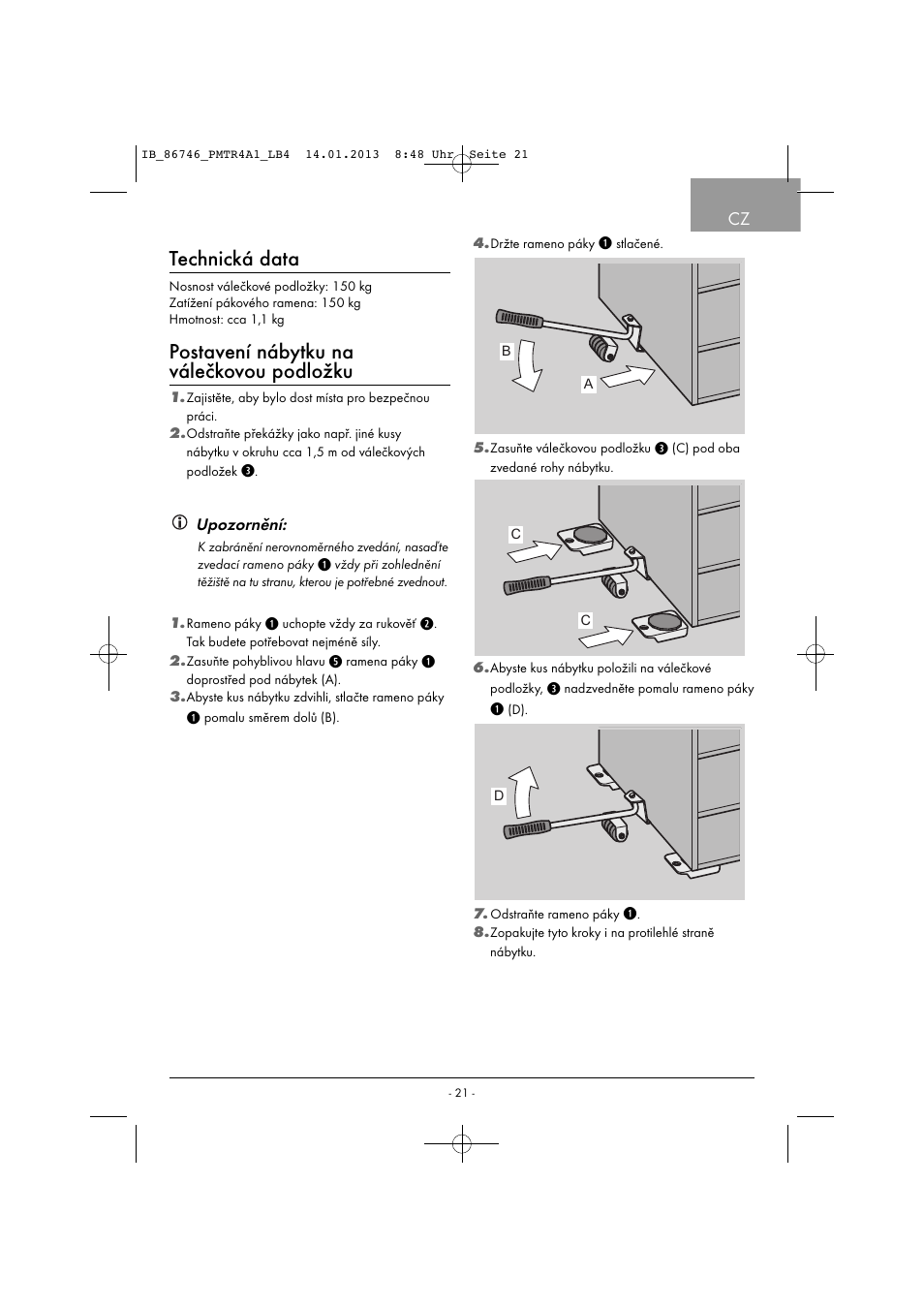 Technická data, Postavení nábytku na válečkovou podložku | Powerfix PMTR 4 A1 User Manual | Page 24 / 40