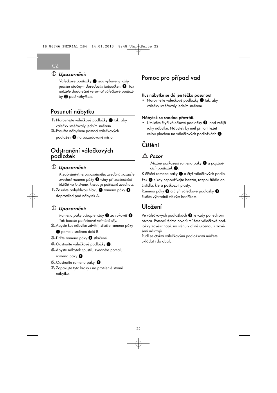 Posunutí nábytku, Odstranění válečkových podložek, Pomoc pro případ vad | Čištění, Uložení | Powerfix PMTR 4 A1 User Manual | Page 25 / 40