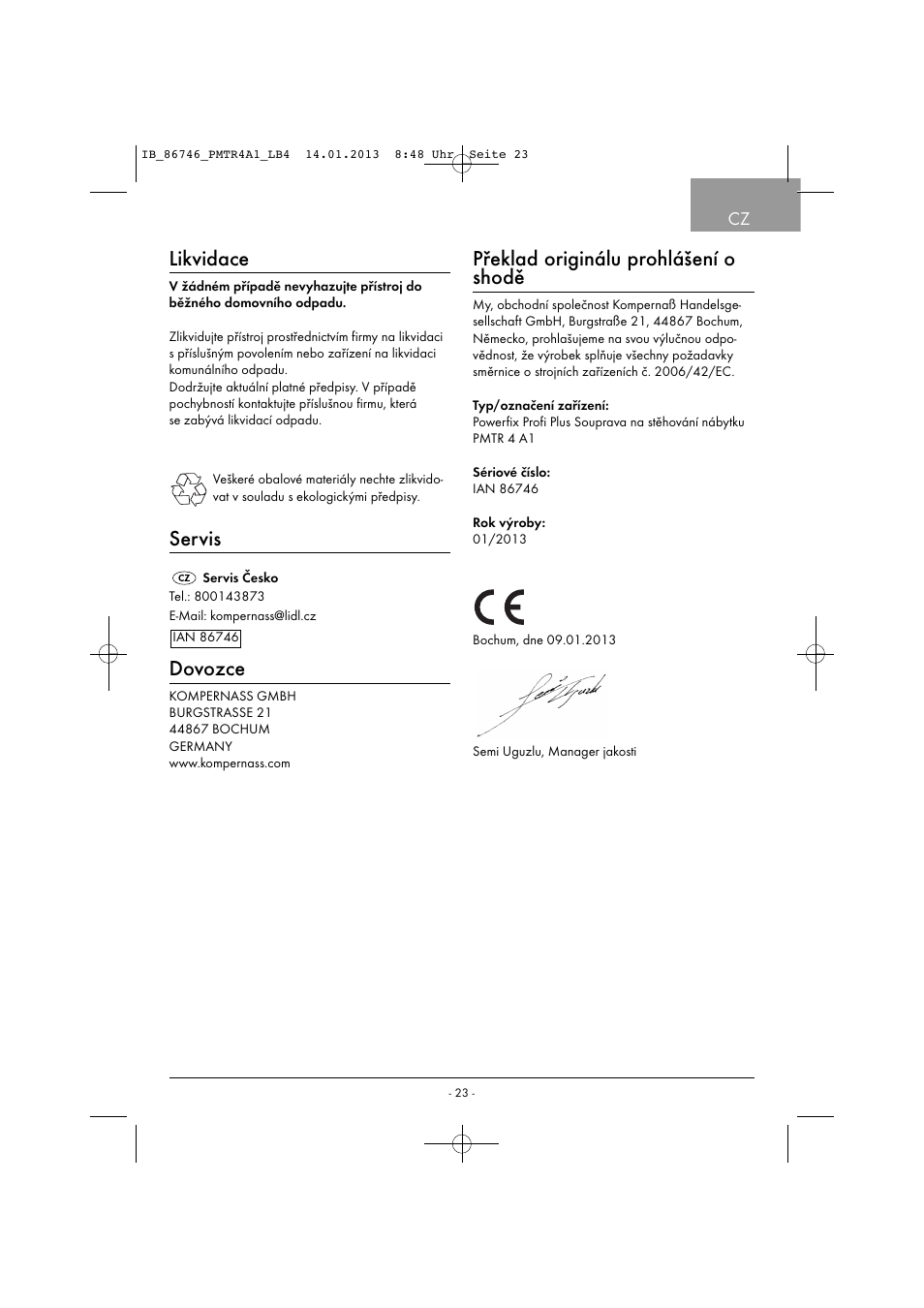 Likvidace, Servis, Dovozce | Překlad originálu prohlášení o shodě | Powerfix PMTR 4 A1 User Manual | Page 26 / 40