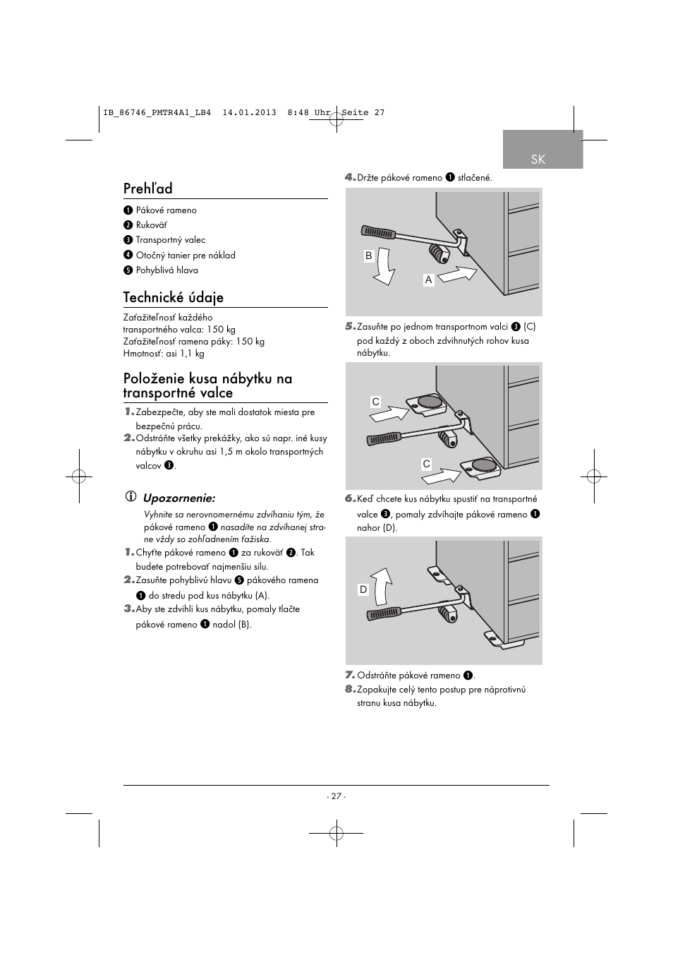 Prehľad, Technické údaje, Položenie kusa nábytku na transportné valce | Powerfix PMTR 4 A1 User Manual | Page 30 / 40