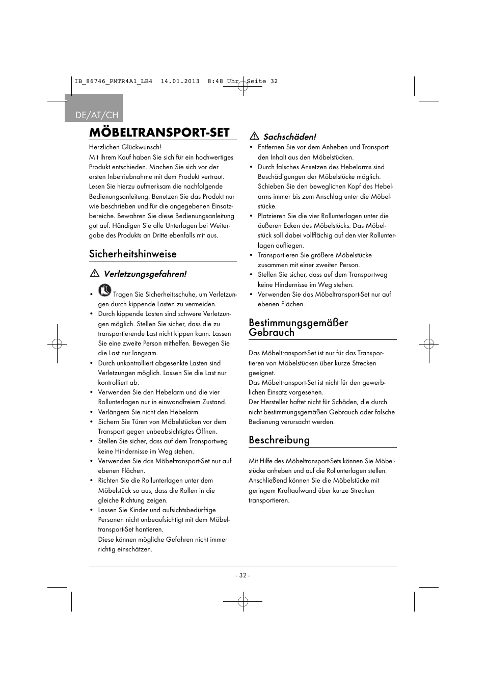 Möbeltransport-set, Bestimmungsgemäßer gebrauch, Beschreibung | Sicherheitshinweise, De/at/ch | Powerfix PMTR 4 A1 User Manual | Page 35 / 40