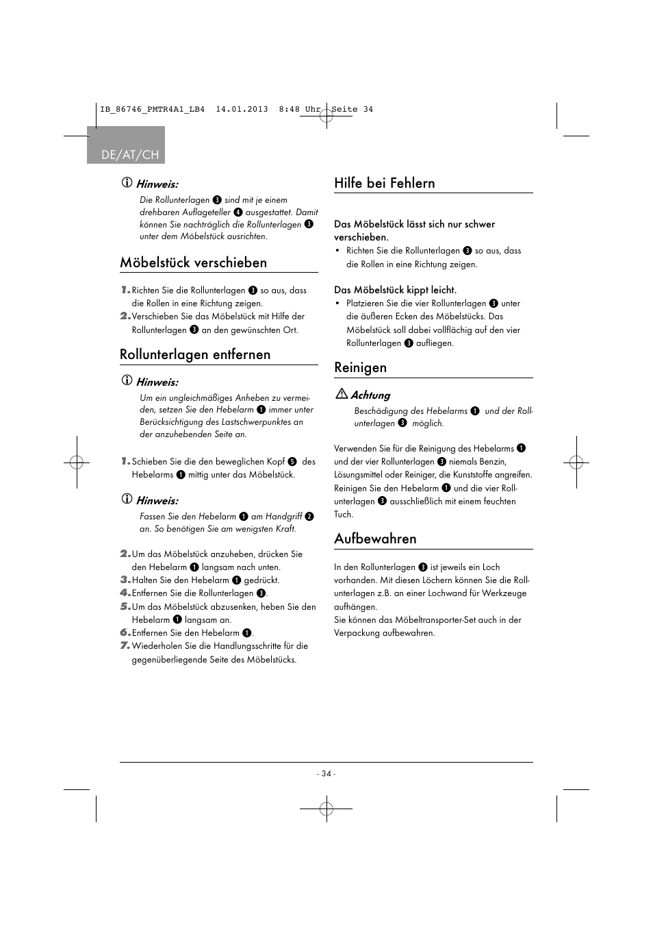 Hilfe bei fehlern, Reinigen, Aufbewahren | Möbelstück verschieben, Rollunterlagen entfernen, De/at/ch | Powerfix PMTR 4 A1 User Manual | Page 37 / 40