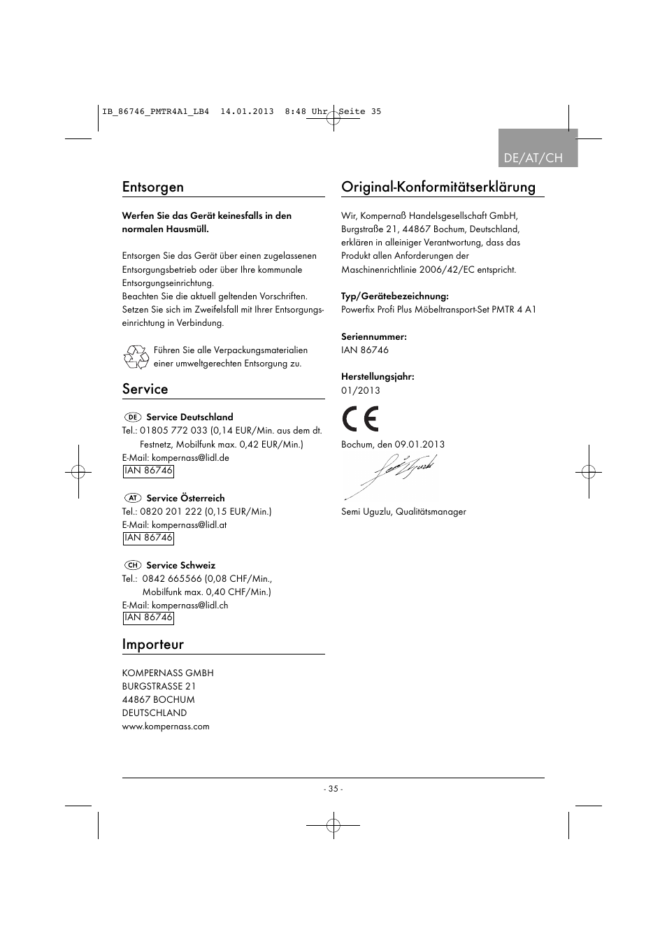 Entsorgen, Service, Importeur | Original-konformitätserklärung, De/at/ch | Powerfix PMTR 4 A1 User Manual | Page 38 / 40