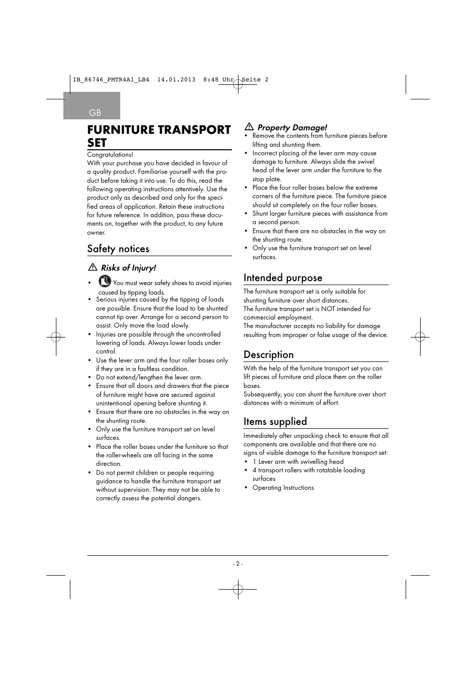 Furniture transport set, Safety notices, Intended purpose | Description, Items supplied | Powerfix PMTR 4 A1 User Manual | Page 5 / 40