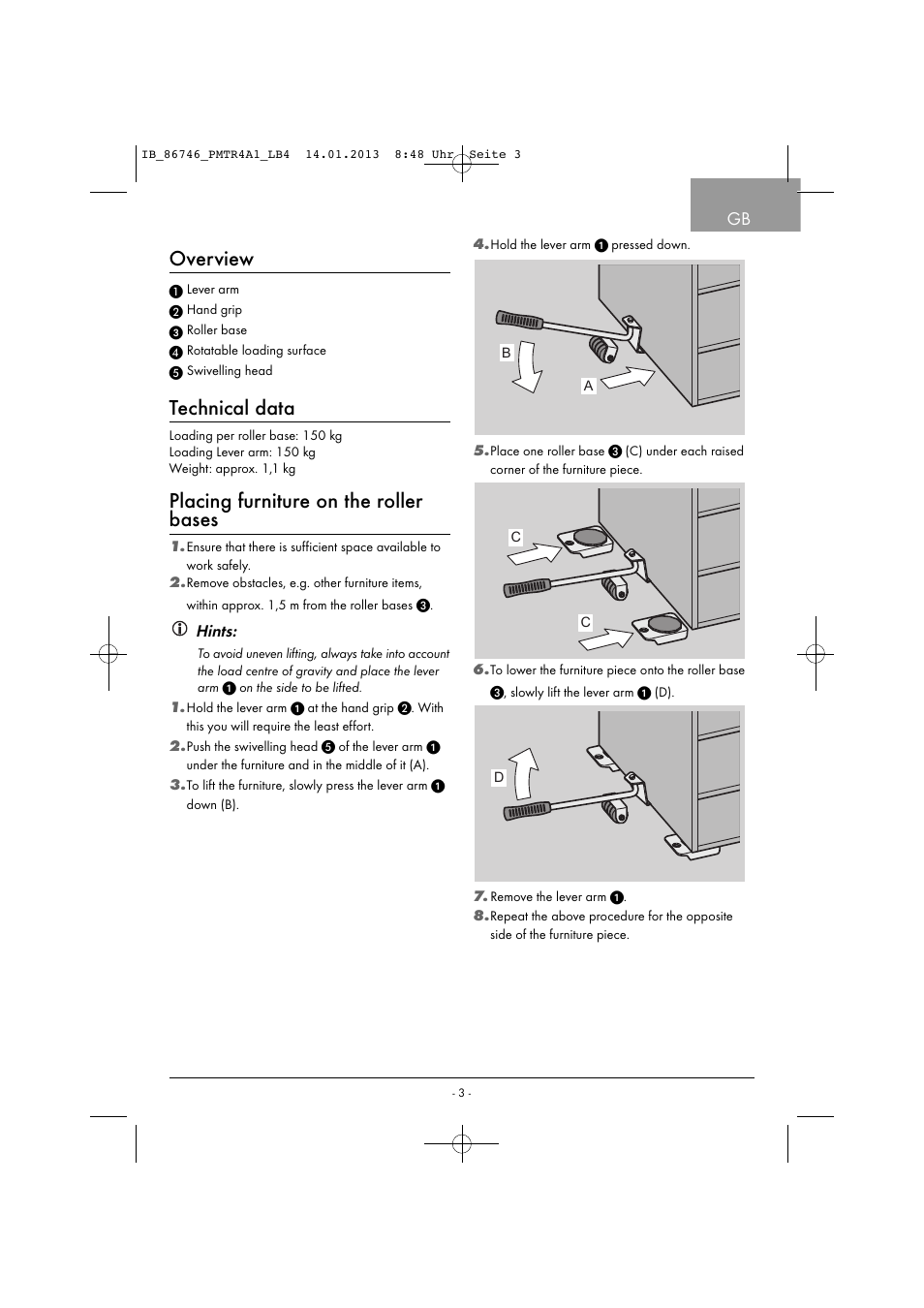 Overview, Technical data, Placing furniture on the roller bases | Hints | Powerfix PMTR 4 A1 User Manual | Page 6 / 40