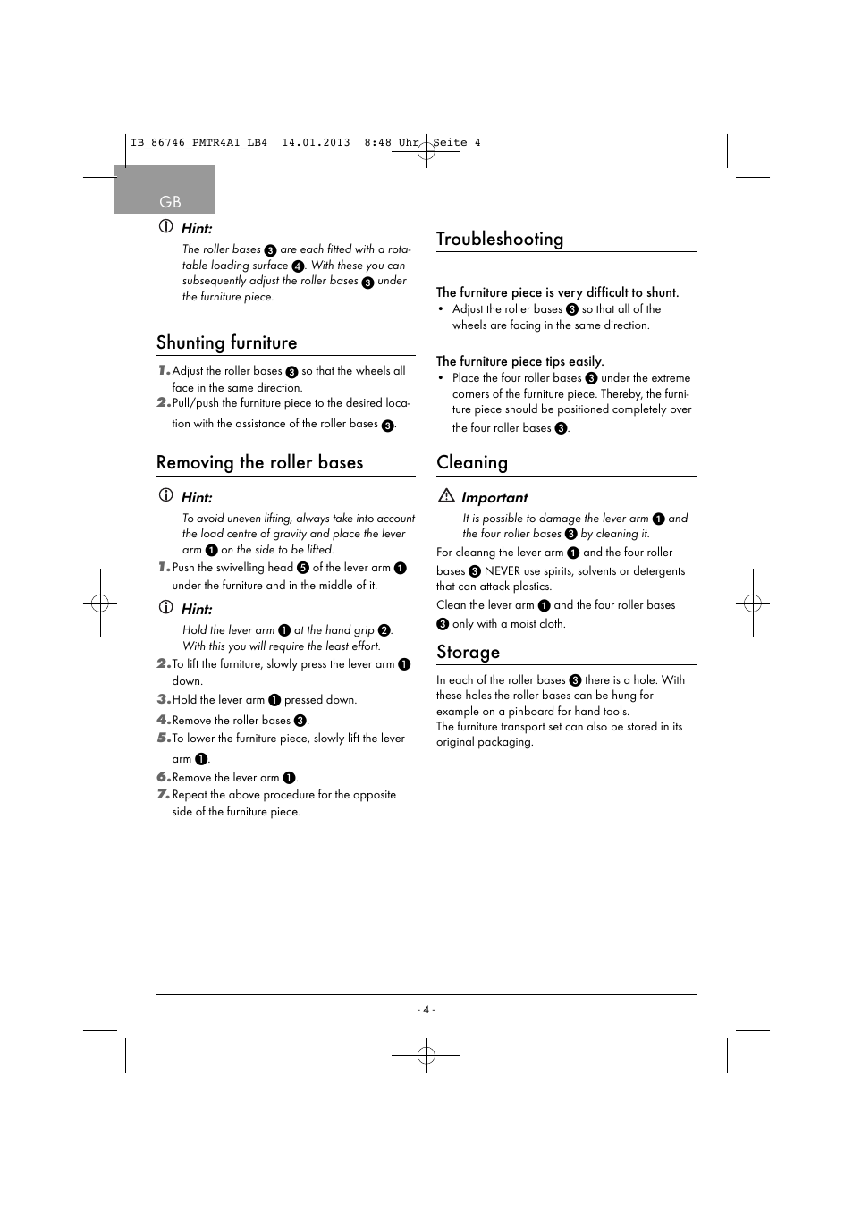 Shunting furniture, Removing the roller bases, Troubleshooting | Cleaning, Storage, Hint, Important | Powerfix PMTR 4 A1 User Manual | Page 7 / 40