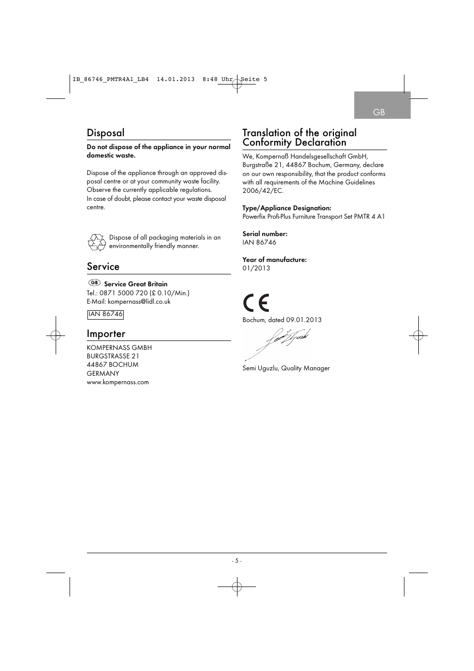 Disposal, Service, Importer | Translation of the original conformity declaration | Powerfix PMTR 4 A1 User Manual | Page 8 / 40