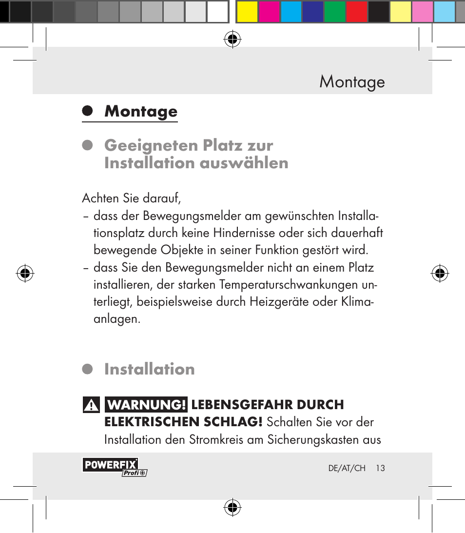 Montage sicherheit, Installation | Powerfix Motion Sensor User Manual | Page 13 / 85