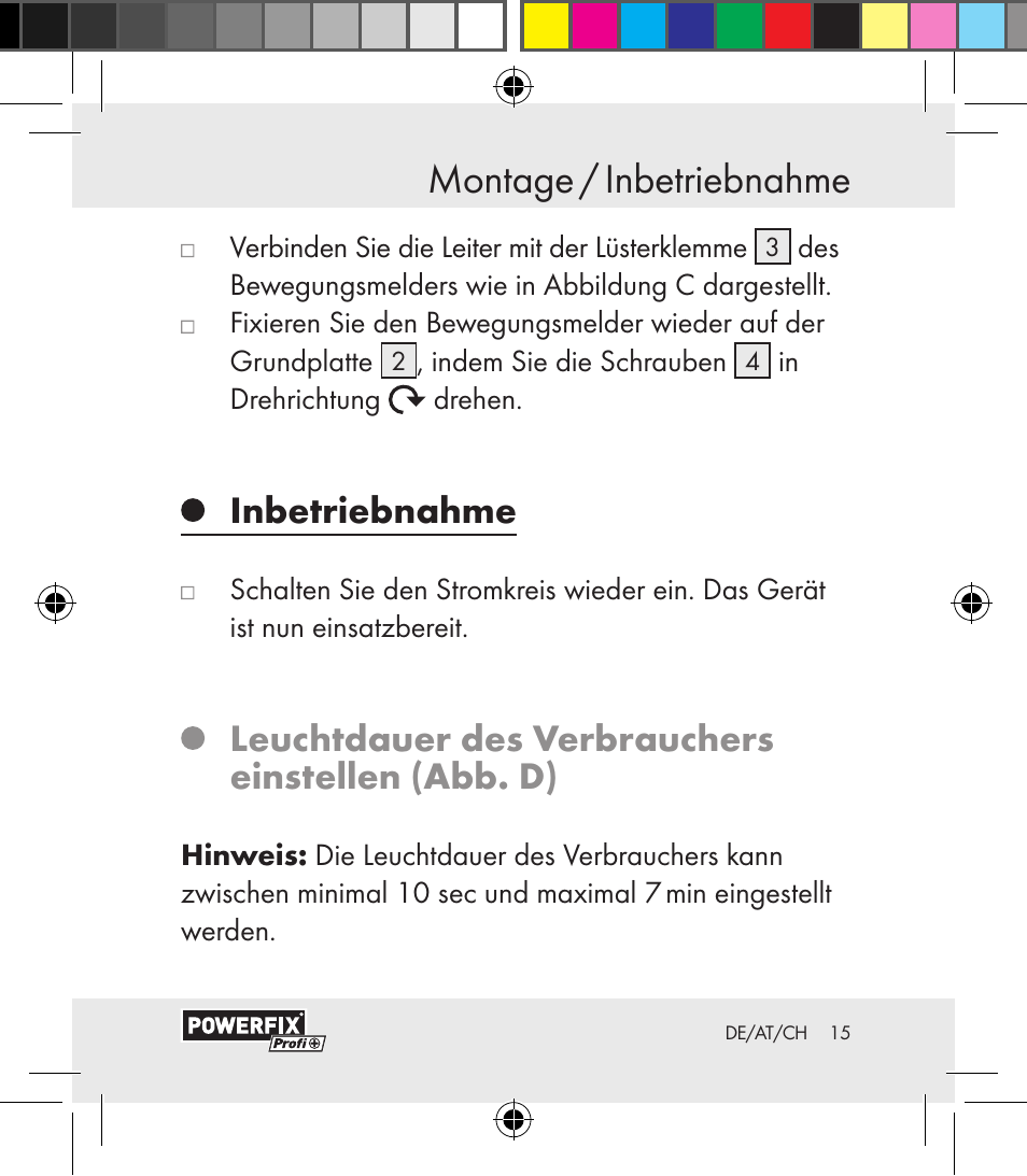 Montage / inbetriebnahme montage, Inbetriebnahme, Leuchtdauer des verbrauchers einstellen (abb. d) | Powerfix Motion Sensor User Manual | Page 15 / 85