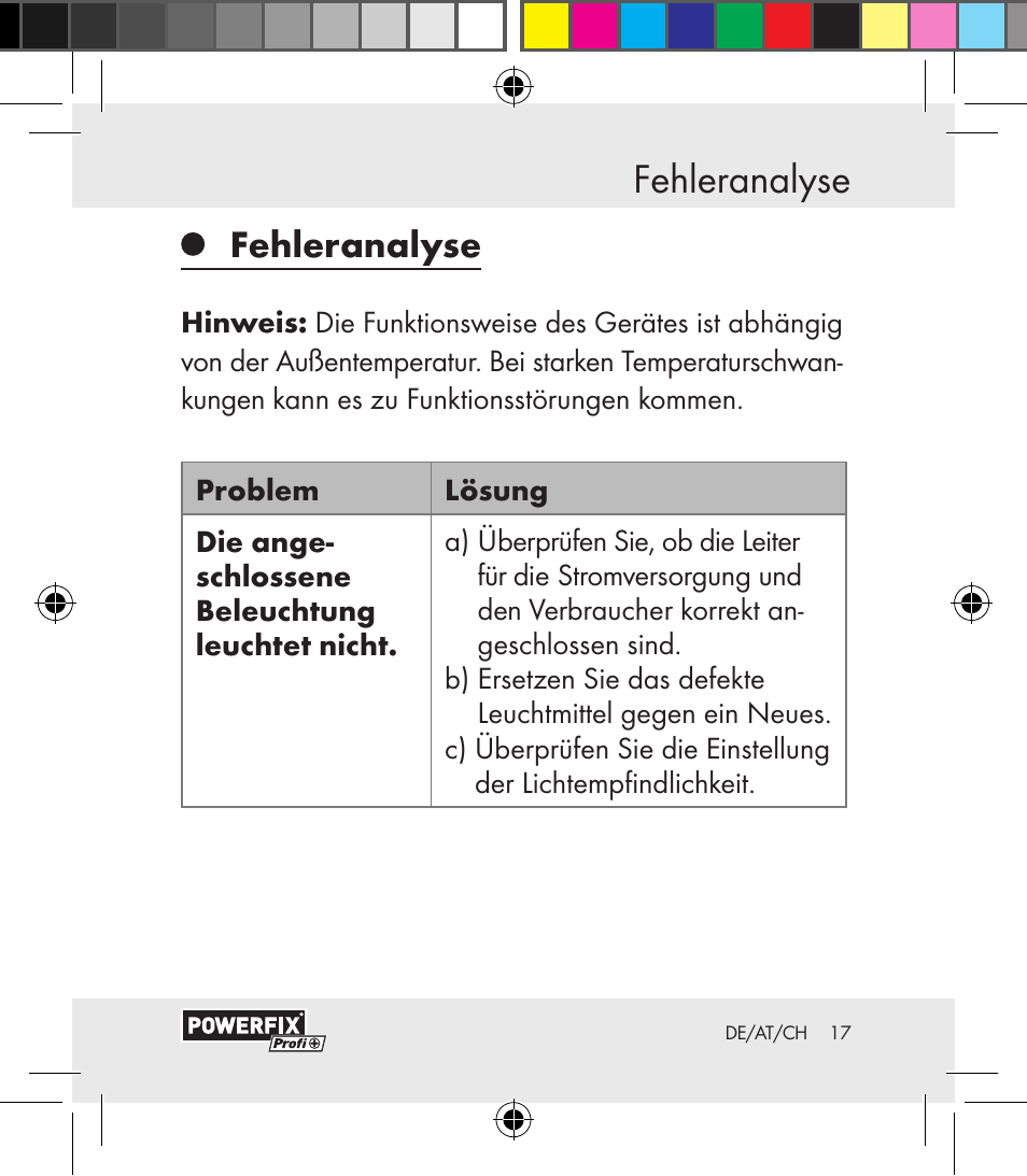 Fehleranalyse inbetriebnahme, Fehleranalyse | Powerfix Motion Sensor User Manual | Page 17 / 85