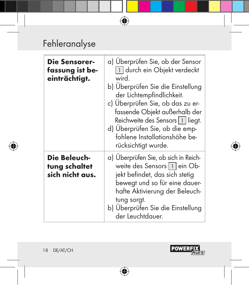 Fehleranalyse / reinigung und pflege fehleranalyse | Powerfix Motion Sensor User Manual | Page 18 / 85