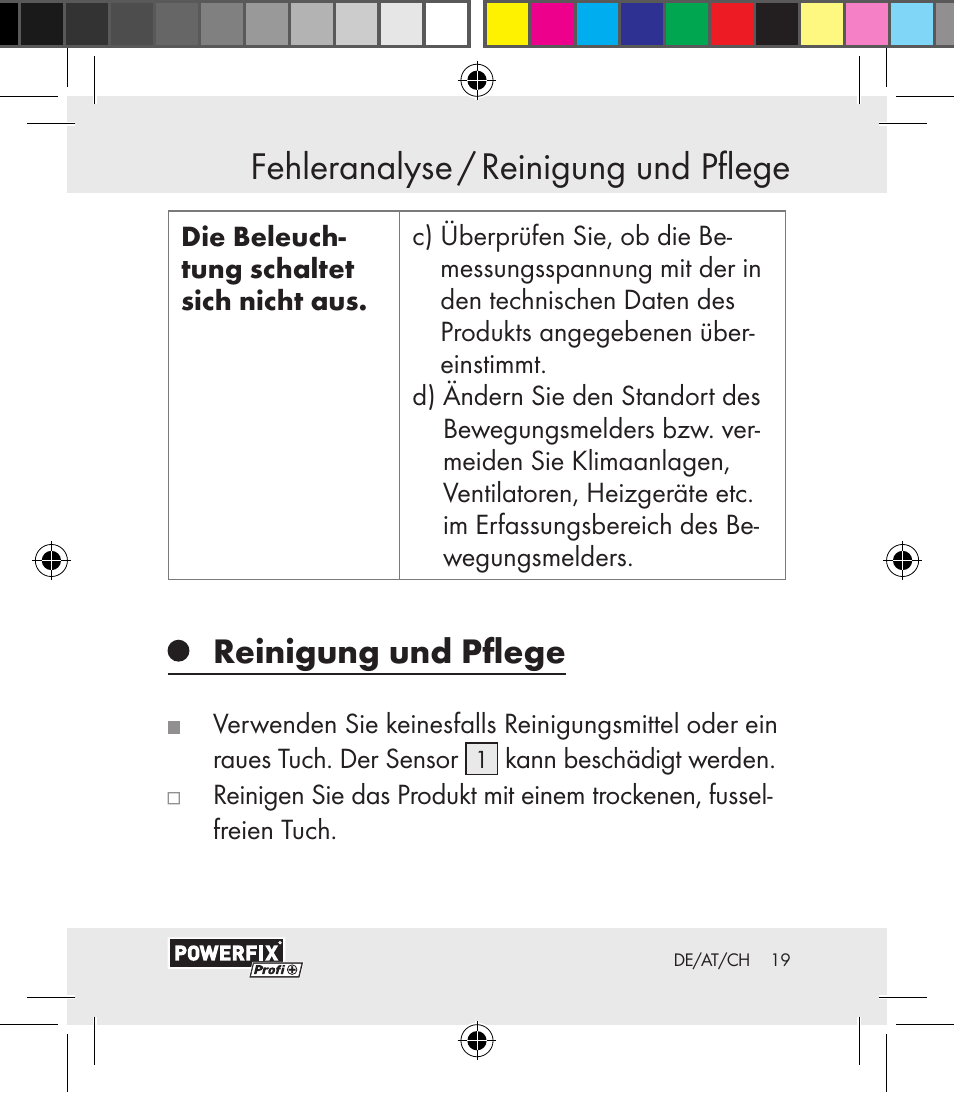 Fehleranalyse / reinigung und pflege fehleranalyse, Reinigung und pflege | Powerfix Motion Sensor User Manual | Page 19 / 85