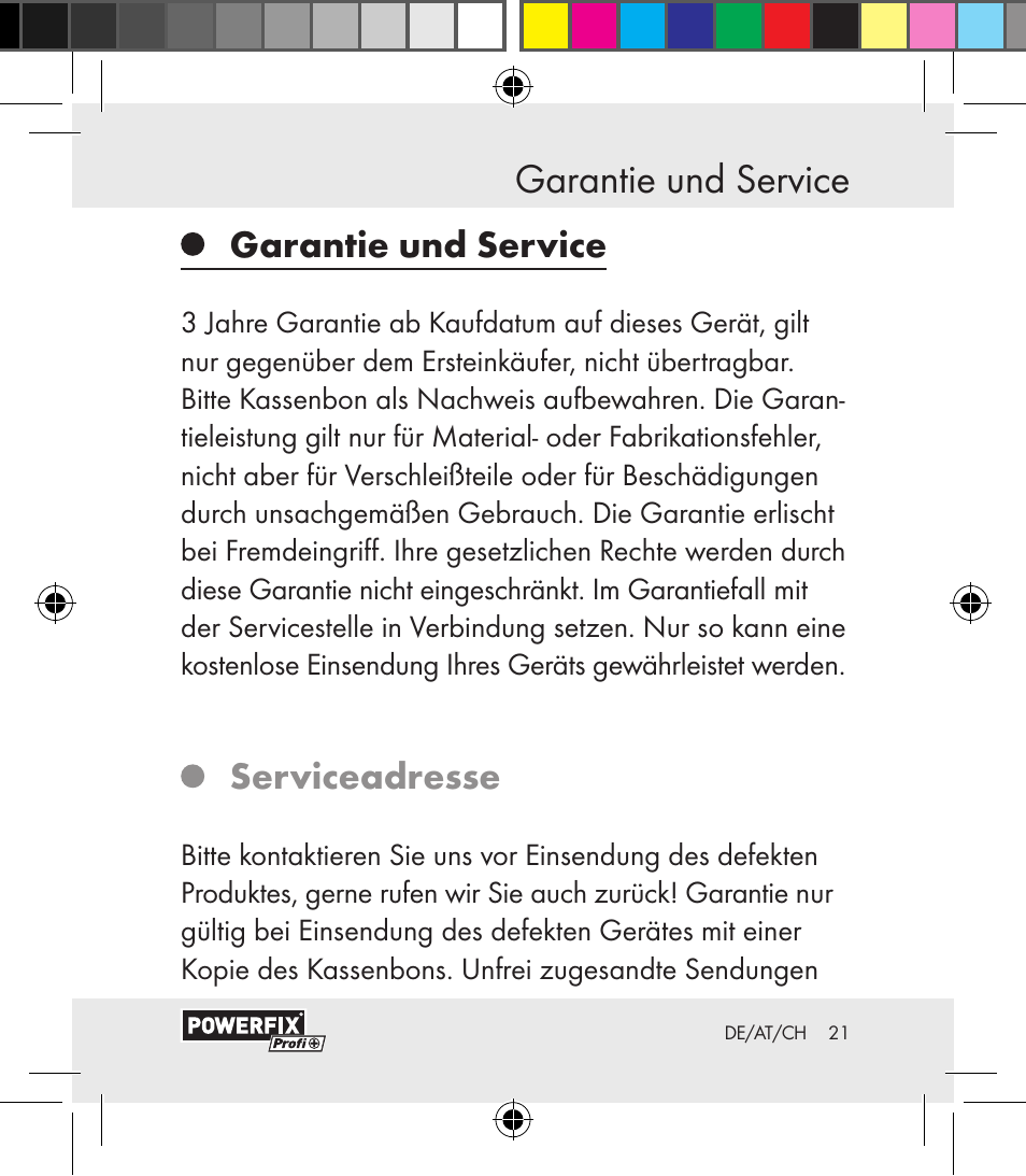 Garantie und service entsorgung, Garantie und service, Serviceadresse | Powerfix Motion Sensor User Manual | Page 21 / 85