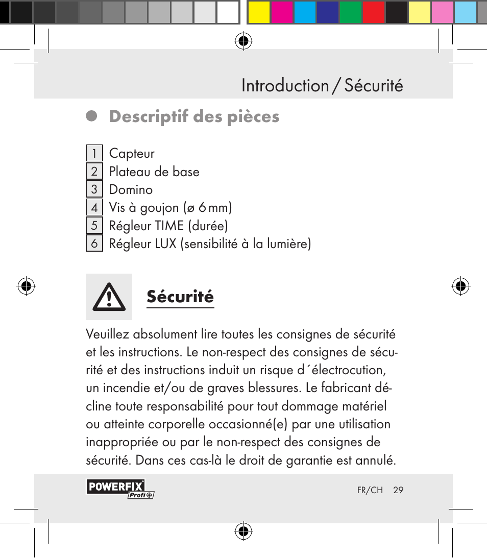 Introduction / sécurité introduction, Descriptif des pièces, Sécurité | Powerfix Motion Sensor User Manual | Page 29 / 85