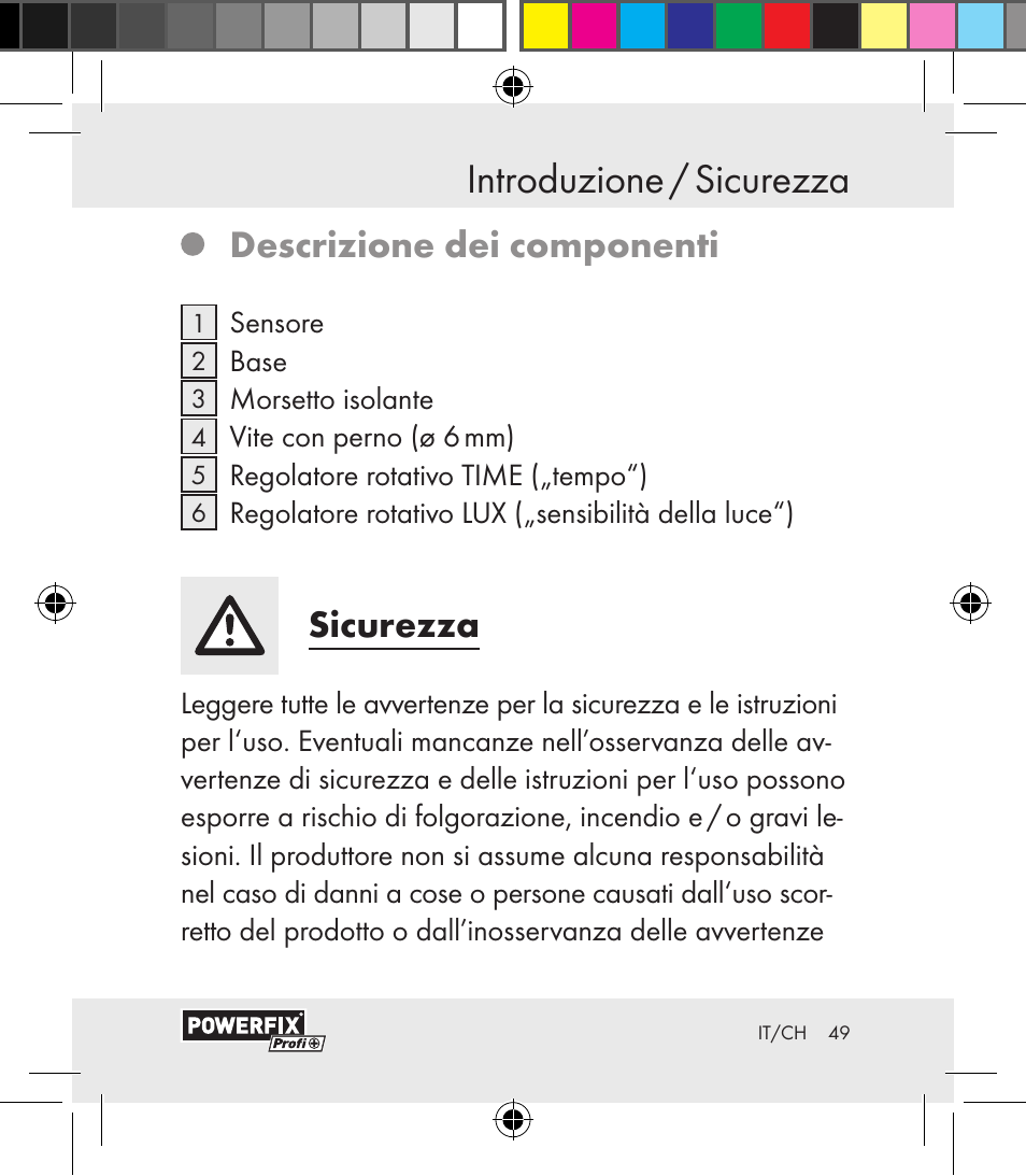 Introduzione / sicurezza introduzione, Descrizione dei componenti, Sicurezza | Powerfix Motion Sensor User Manual | Page 49 / 85