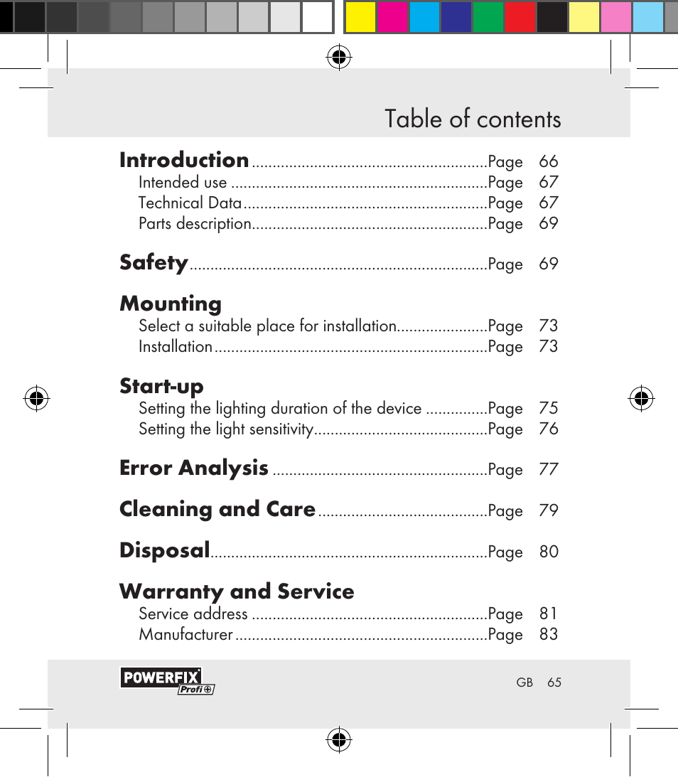 Table of contents garanzia e assistenza | Powerfix Motion Sensor User Manual | Page 65 / 85